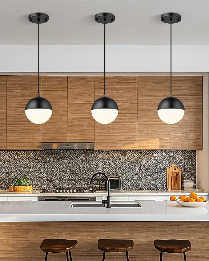Mid Century Pendant Lights, Matte Black Kitchen Island Light Fixtures with White Globe Glass Shade, Adjustable Hanging Cord, 3 Pack for Home Office Dining Room Bathroom, LMS-186PL-BKWS3PK