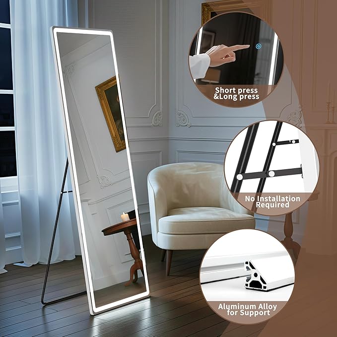 Full Length Mirror with Lights, 71" x 26" LED Floor Mirror, Full Body Dressing Standing Mirrors with Dimming & 3 Color Lighting, Hanging Mounted Mirrors for Living Room Bedroom Cloakroom