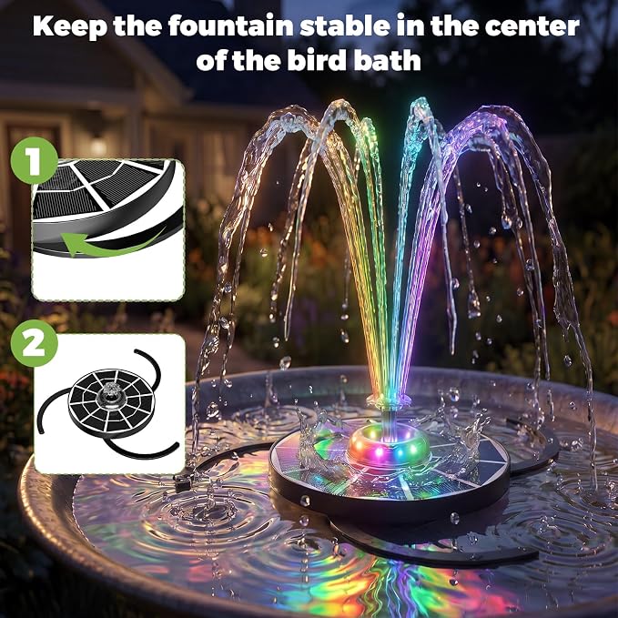 AISITIN 4W Solar Bird Bath Fountain with Lights, Rechargeable Floating Solar Water Pump with 2200mAh Battery & Upgraded Glass Panel, 2026 LED Outdoor Fountain for Garden, Pond, Pool & Patio