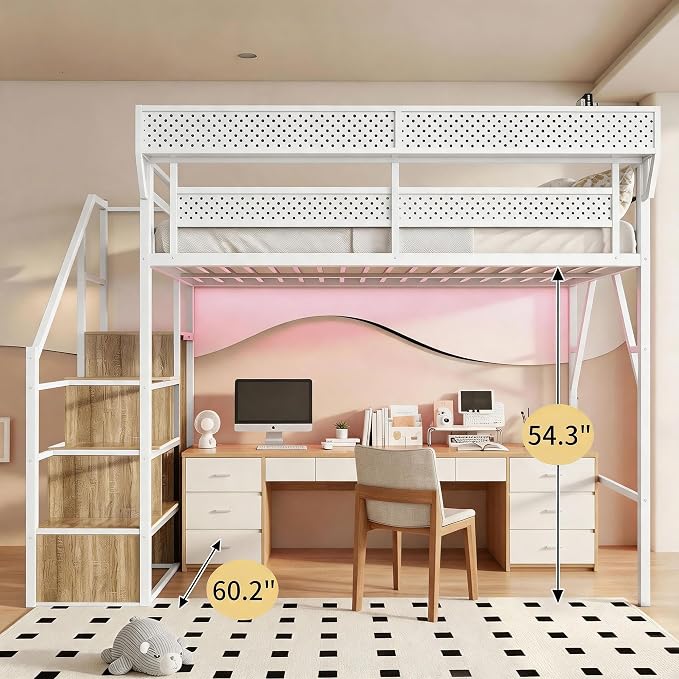 Queen Size Metal Loft Bed with Reversible Stairs and LED & USB Port | Storage Shelf, Reversible Storage Stairs with Wardrobe, LED Lights,USB Charging Port,Noise-Free Design, Large Under Bed