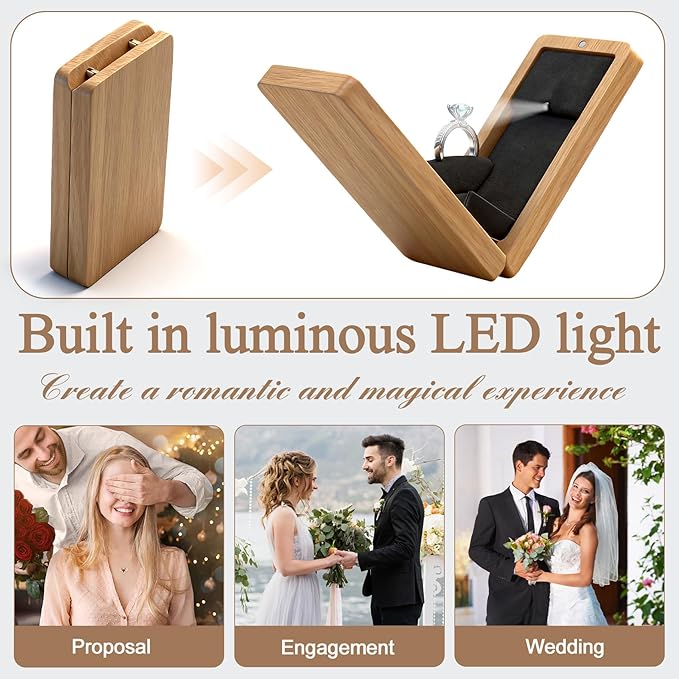 Wooden Engagement Ring Box For Proposal Valentine's Day Jewelry Gift Box Wood Rotating Wedding Day Ring Box With Led Light Gift Packaging(White Oak)