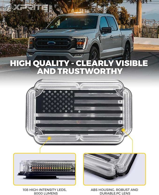 Xprite 300% Bright 108 LED Roof Top Strobe Light, US Flag Pattern Emergency Safety Warning Mini LED Strobe Lightbar w/Magnetic Base for 12-24V Construction Vehicles, Trucks, Snowplows, Amber White