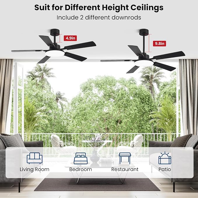 Conciseer 52 Inch Ceiling Fans with Lights and Remote for Bedroom Living Room Kitchen Office, Indoor/Outdoor Use, 6CCT Dimmable, 5 Blades, 6 Speed Reversible Quiet DC Motor, Black/Wood Grain
