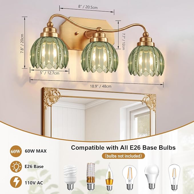 Vintage Gold Vanity Lights, 3 Light Tulip Crystal, Antique Brass Finish | Brushed Gold Bathroom Light Fixtures, Green Wall Sconce Ideal for Bedroom, Living Room, E26 Compatible, Easy Install