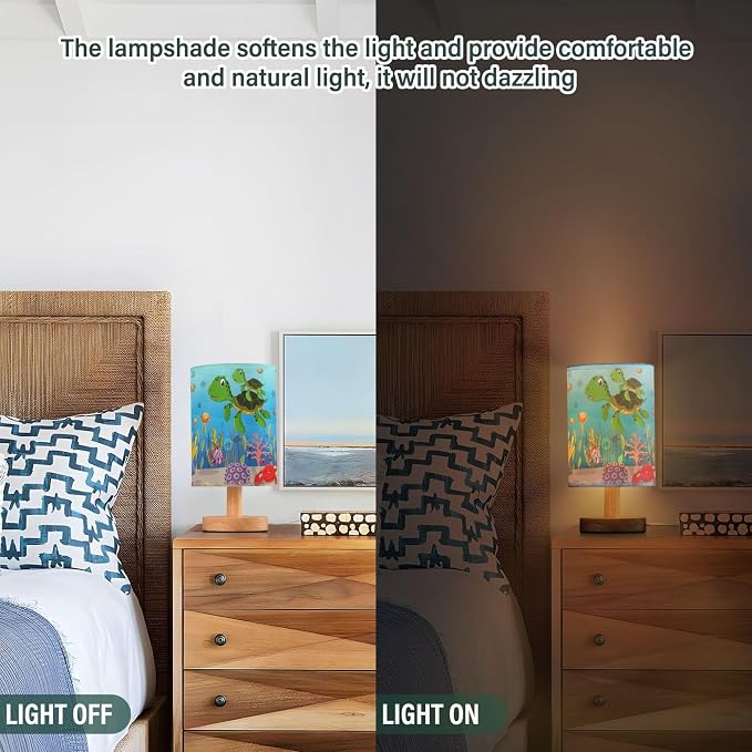 Table Lamp Colorful Underwater Sea Turtle Octopus Crab Fish Coral Aquatic Nightstand Lamp with Wood Base Fabric Lamp Shade Bedside Desk Lamp for Living Room Bedroom Kids Room Office