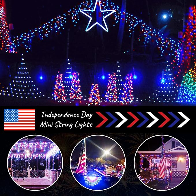 4th of July Decoration Patriotic Mini Lights - 100 Count 20 Feet Red White Blue Incandescent Bulb Waterproof String Lights Plug in for Indoor Outdoor Christmas Party Patio Independence Day Decoration