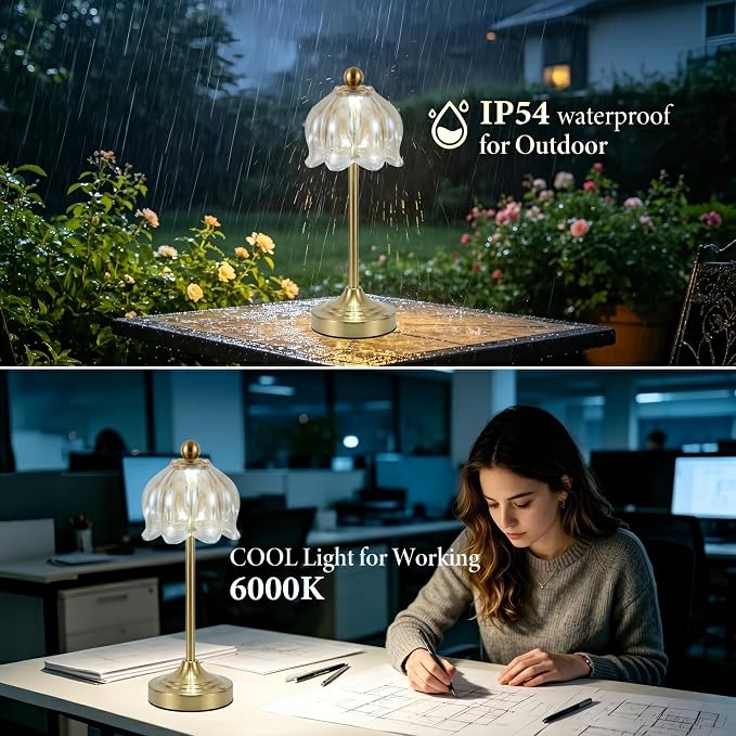 Small Tulip Cordless Table Lamp, LED Touch Accent Lamp with Amber Glass Shade, Dimmable Vintage Table Lamps for Bedroom, Kitchen, Nightstand, Restaurant