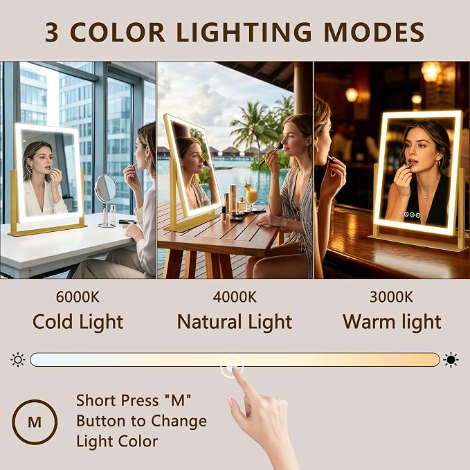 Kotdning Vanity Mirror with Lights, 16.7"×13.2" LED Makeup Mirror, Lighted Makeup Mirror with Lights, Smart Touch Control Dimmable 3 Modes Light, Lighted Up Mirror for Bedroom & Dorm, Gold