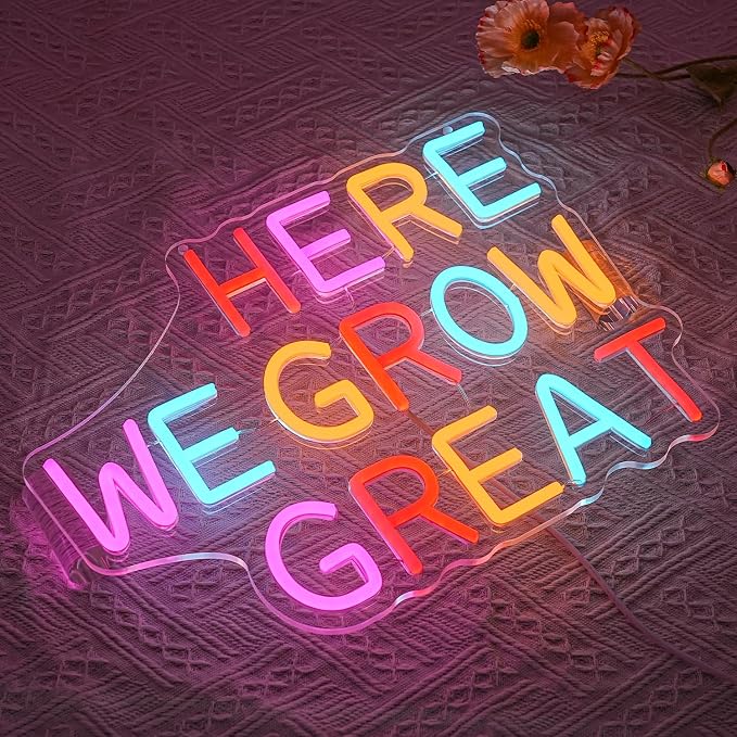 Here We Grow Great Neon Sign for Wall Decor Classroom Neon Light Plant LED Sign Colorful Letter Neon Light Sign for Classroom Bar Home shop Decoration