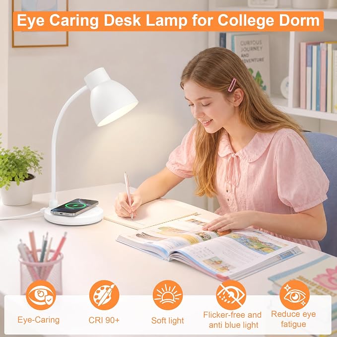 LED Desk Lamp for Home Office with Wireless Charger, White | 3 Color Modes Dimmable Eye-Caring Study Reading Dorm Desk Lamp, 360° Flexible Arm Table Lamp for College Dorm Room, 800 Lumen