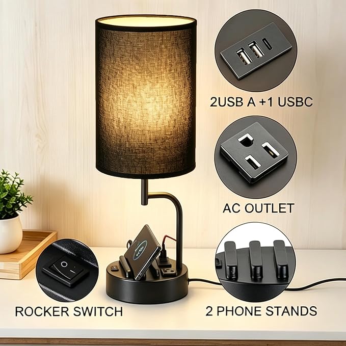 Dreamholder 2 Pack Table Lamp, Bedside Lamp with 3 USB Charging Ports & AC Outlet, USB Desk Lamp with 2 Phone Holders, Linen Fabric Shade Nightstand Lamps for Bedroom Living Room Office, Black Shade