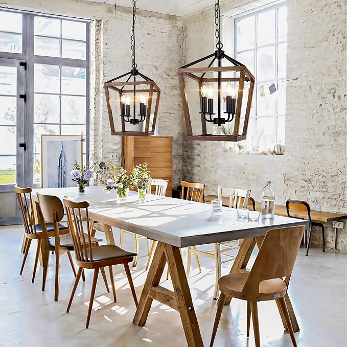 Farmhouse Chandelier Light Fixture for Kitchen Dining Room, 4-Light Rustic Pendant Hanging Ceiling Light Height Adjustable in Oak Wood Finish, Cage Lantern Lighting with E12 Base for Hallway Foyer | Industrial Kitchen Lantern chandelier Over Table, Pen...