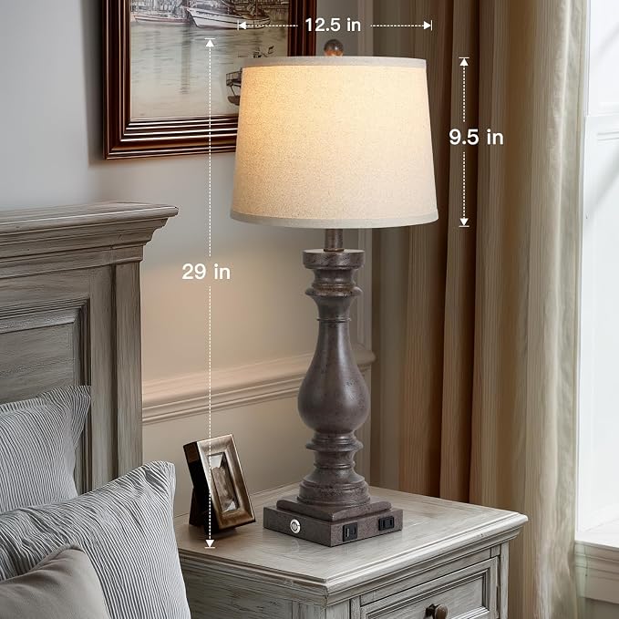 29" Tall Farmhouse Table Lamp for Living Room Set of 2,Vintage Retro Nightstand Lamps with USB C+A Ports & AC Outlet,3-Way Dimmable Touch Bedside Lamp for Bedroom End Table,Earthy Tone