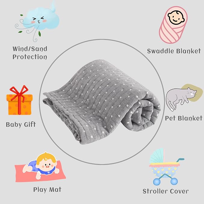 NTBAY 3 Layer Oversized Muslin Toddler Blanket, 45 x 60, Grey Dot | Muslin Cotton Outer Layers with Light Thermal Fiber Fill, Reversible Blanket for Daycare, Travel, Naps, and Supervised Use