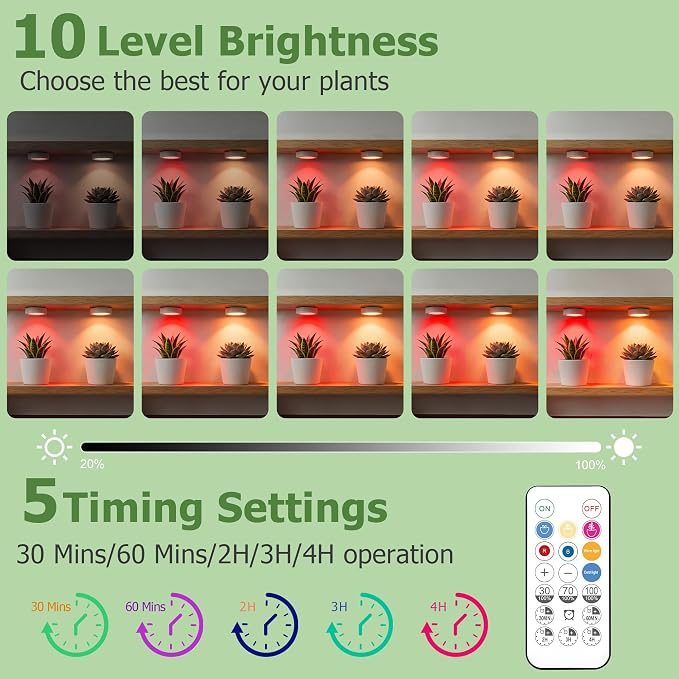 2 Pack Rechargeable Battery Grow Light, Full Spectrum Indoor Plant Light | Cordless, Timer & Remote, Stepless Dimming, Type-C Charging 2000mAh, Wireless Magnetic Puck Plant Lights for Indoor Growing