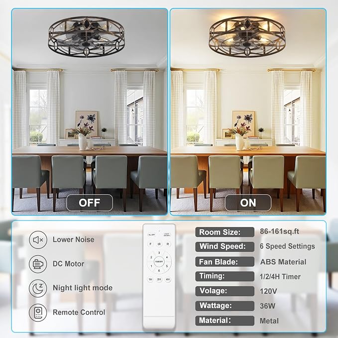 Depuley Flush Mount Ceiling Fan: 20" Caged Ceiling Fans with Remote Control for Patio Kitchen Bedroom - Low Profile Fandelier Lights Fixture Reversible 6 Speed Timer Brone 4*E26 Bulb Not Included