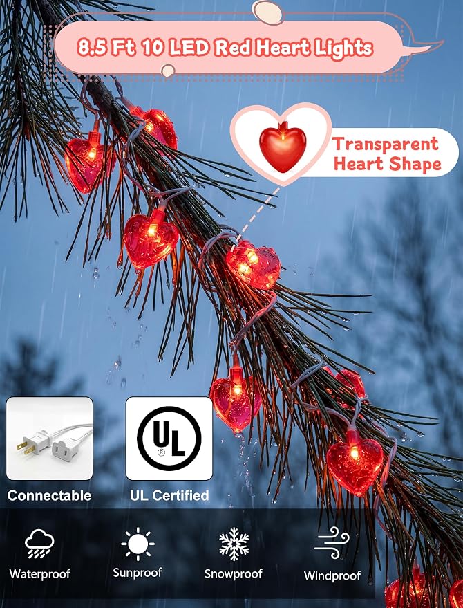 8.5Ft Heart String Lights, Valentines Day Decorations Lights with 10 Red Heart Lights, Plug in Fairy Heart Shape String Lights for Window Wedding Anniversary Bedroom Party Valentine's Day Decorations
