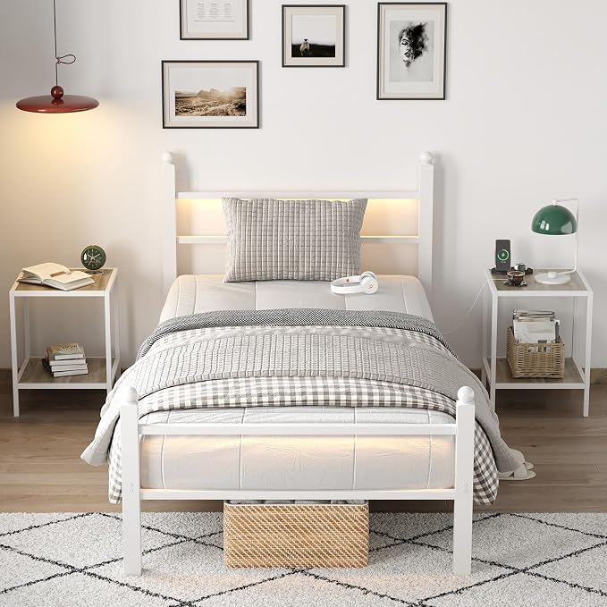 CollaredEagle Twin Bed Frame with LED Lights and Charging Station, White | Twin Size/ Metal Frame/ Built-in Charging Station/ RGB LED Lights/ Noise-Free/ 10.8 inch Under-Bed Storage