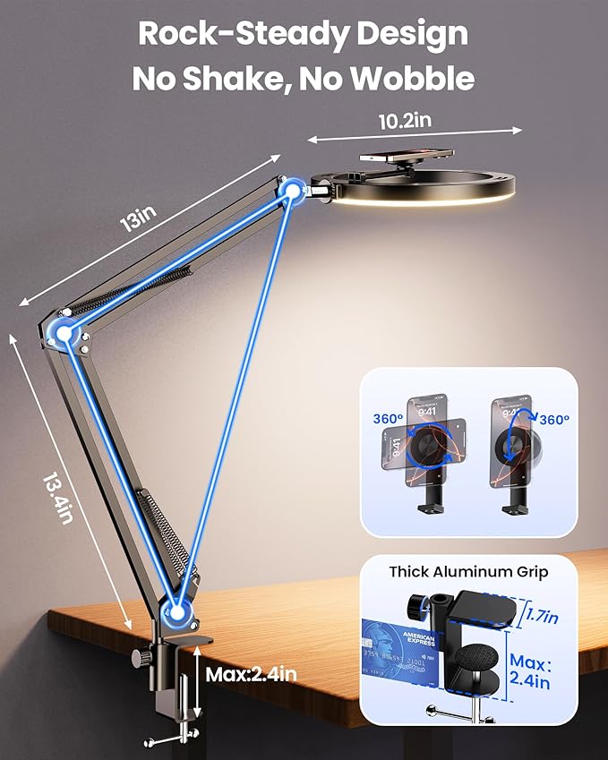 Magnetic Ring Light Overhead Camera Phone Mount for Desk, 10” Selfie Light for iPhone with MagSafe-Compatible Phone Holder for Video Recording, Zoom Meeting, Live Streaming