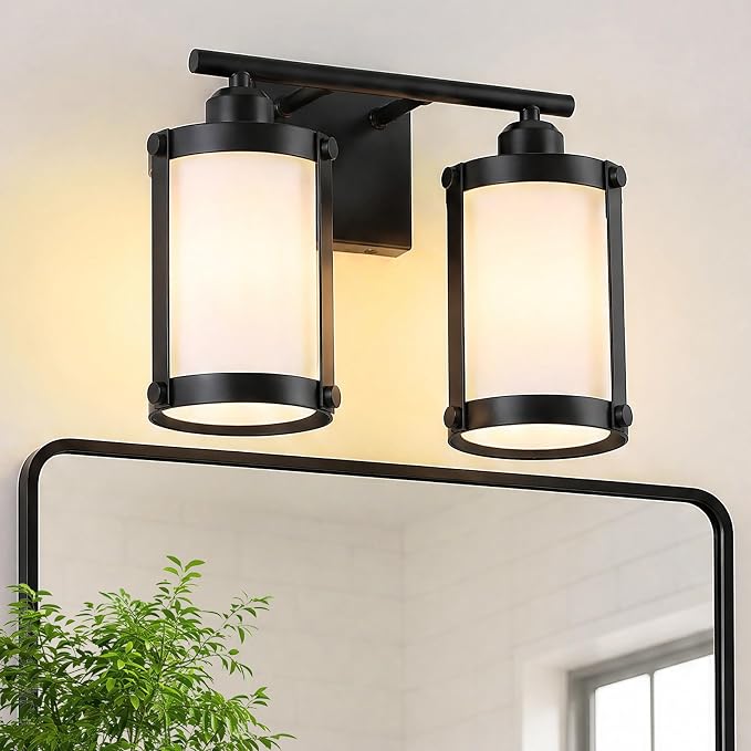 2-Light Black Bathroom Light Fixtures with Milk White Frosted Glass, 13.2" UL-Listed Modern Wall Sconce Over Mirror with Metal Cage for Bath, Hardwire E26, OS-3014BKW-2W