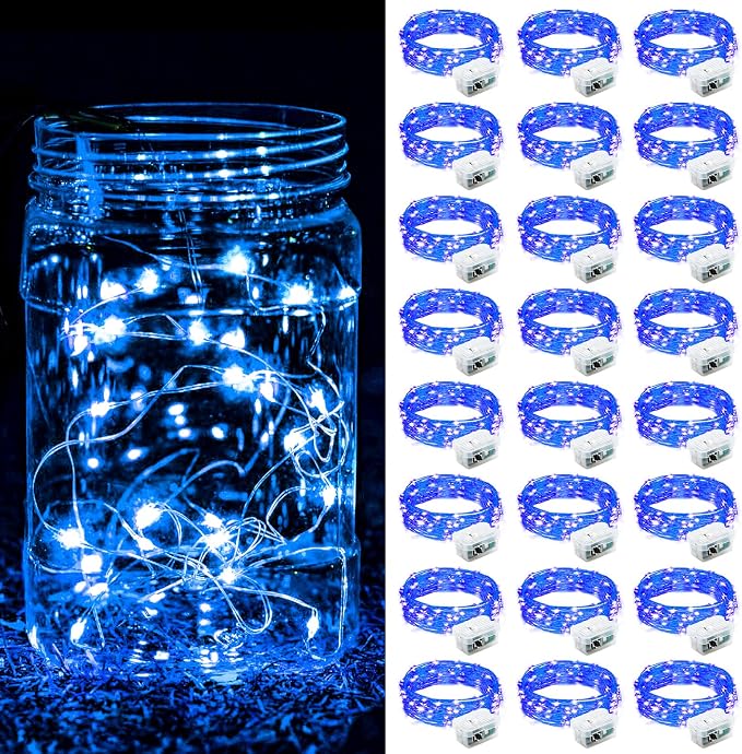 ZGWJ 24 Pack Blue Fairy Lights, Mini String Lights | Battery Operated 7 FT 20 LED Waterproof 3 Modes for DIY, Parties, Wedding, Halloween, Christmas Decoration