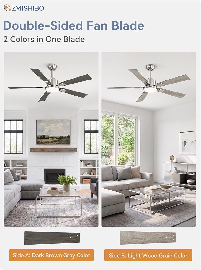 ZMISHIBO 52” Modern Ceiling Fan with Light, Remote Control, Brushed Nickel | High CFM Powerful Airflow, Quiet DC Motor, 3 CCT LED, Indoor/Covered Outdoor, Dual-Finish, Damp Rated