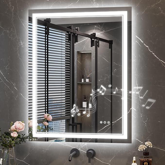 Keonjinn 28"x36" Lighted Mirrors for Bathroom Wall with Bluetooth Speaker, Frontlit & Backlit LED Bathroom Mirror, Bluetooth Mirror Bathrooms, Dimmable 3 Color Lights, Tempered Glass, Anti-Fog, CRI90+