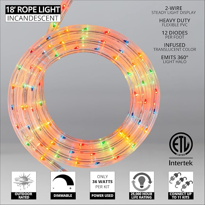 Wintergreen Lighting 18ft 216-Bulb Heavy Duty Incandescent Rope Light Kit, Connectable 120V ETL Indoor Rope Lights Plugin Outdoor Tube Multicolor Incandescent Includes Power Cord and Mounting Clips