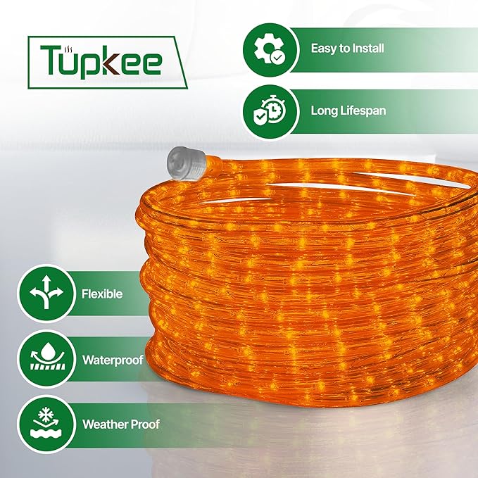 Tupkee LED Rope Light Orange - for Indoor and Outdoor use, 24 Feet (7.3 m) - 10MM Diameter - 144 LED Long Life Bulbs Rope Tube Lights - Pack of 2