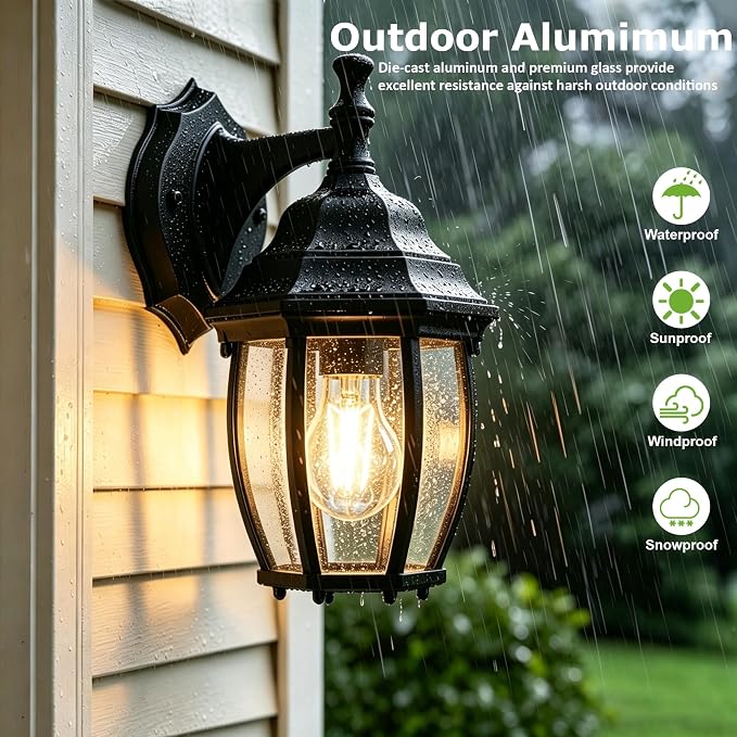 Outdoor Wall Light Fixture, Rustproof Aluminum, Glass | Large Exterior Porch Light Wall Sconce Lantern for House, Patio, Garage, Waterproof, E26 Socket 60W Max, Black