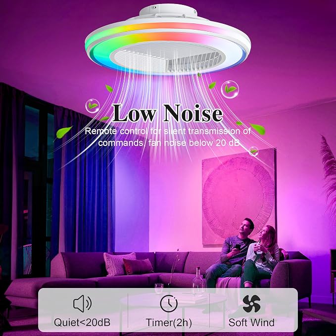 Smart Ceiling Fans with RGB Lights Remote - 20'' Flush Mount Low Profile Modern Ceiling Fans for Bedroom - Stepless Color Temperature and 6 Speeds