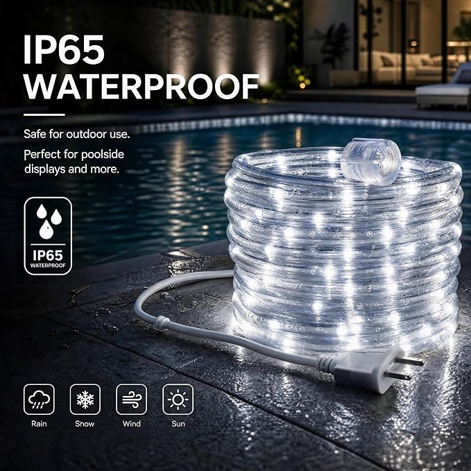 LED Light Rope, 48ft Waterproof Flexible Strip Lights, Indoor/ Outdoor, Connectable 5000K Cool White Landscape Tube Lighting for Bedroom, Home Decor, Garden, Patio, Porch, Yard, Deck, Party Holiday