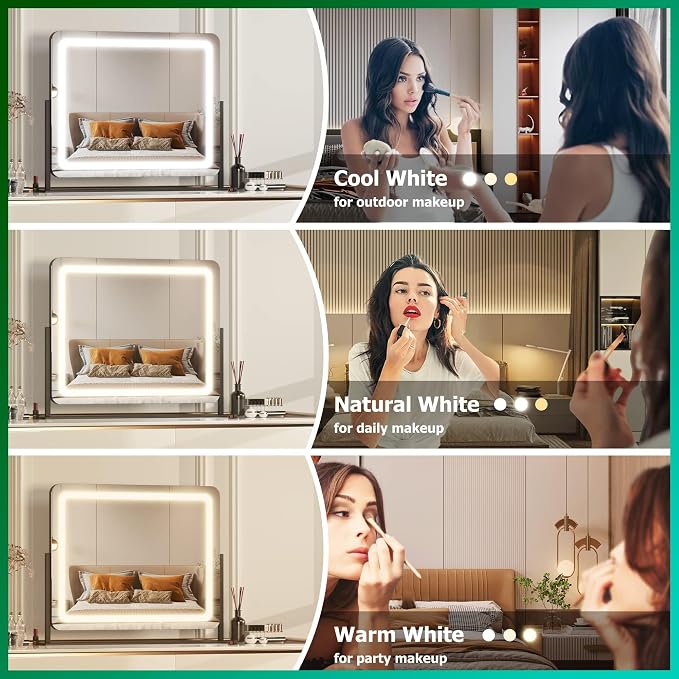 Hasipu Vanity Mirror with Lights, 24.2" x 20" LED Make up Mirror, Light up Mirror with 10X Magnification, Smart Touch 3 Colors Dimmable, Brightness Adjustment, 360° Rotation (Black)