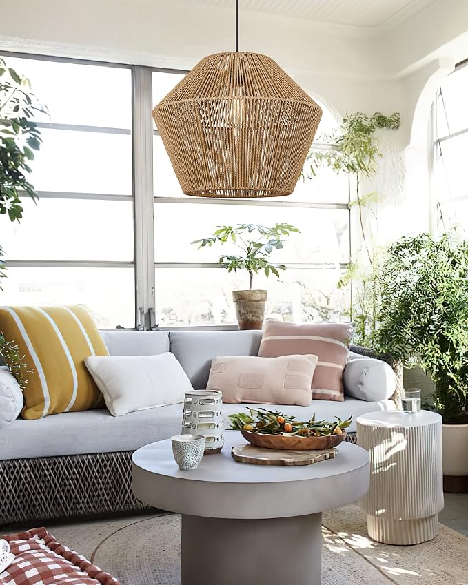 ELYONA 17” Woven Pendant Light, Modern Boho Chandelier Handwoven Rattan Basket Shade, Japandi Pendant Light Fixtures Farmhouse Ceiling Hanging Lamp for Dining Room, Kitchen Bedroom, Entryway, Foyer