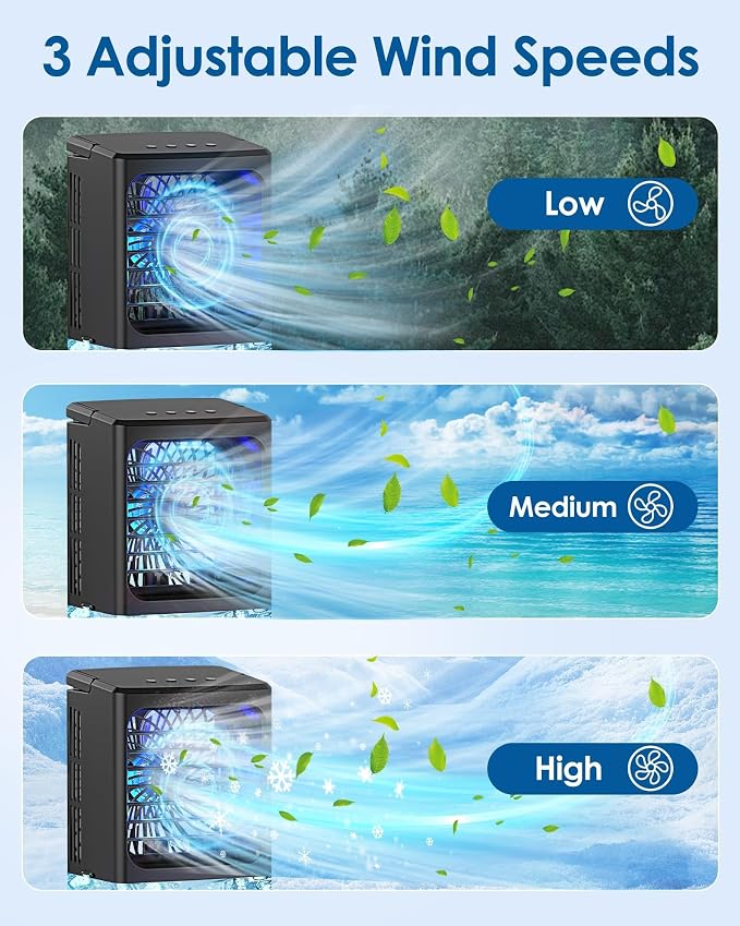 Portable Air Conditioners，Upgraded Portable AC Small Air Conditioner Personal Air Cooler Mini Evaporative Cooler 3 Wind Speed Portable Small AC with 7 Night Light for Room Home Bedroom Office