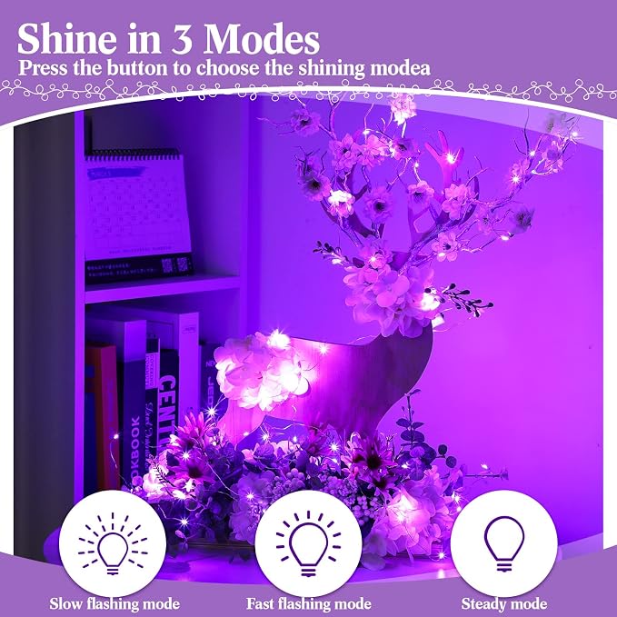 100 Packs Fairy Lights Battery Operated 3 Speed Modes, 7 Ft/ 2 M 20 LED Battery String Mini Waterproof Wire Twinkle Lights Bulk for Wedding Party Birthday Vases Decor (Purple Light)