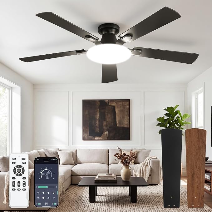 LEDIARY 52 Inch Flush Mount Ceiling Fans with Lights, Remote & APP Control | Bright Light, 3CCT, Memory Function, Timer, Reversible Blade, Quiet DC Motor, Damp-Rated, Living Room, Bedroom, Covered Patio