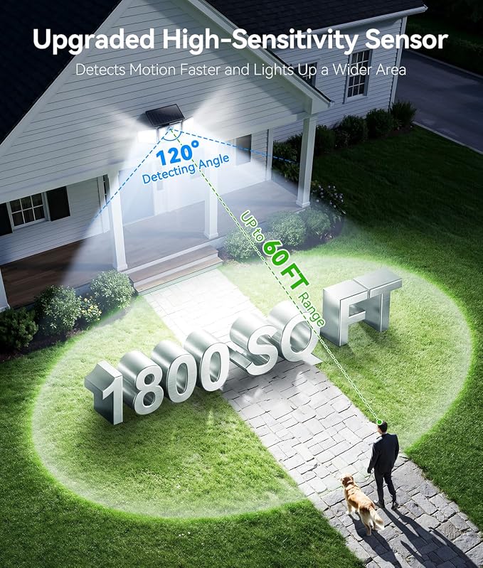 KOOPER Solar Flood Lights, 210 LED Motion Sensor Outdoor Lights, Solar Motion Lights Outdoor Waterproof, 3 Heads 300° Wide Angle Outdoor Security Lights for Yard Patio Garage Entryways, 2 Pack, Black