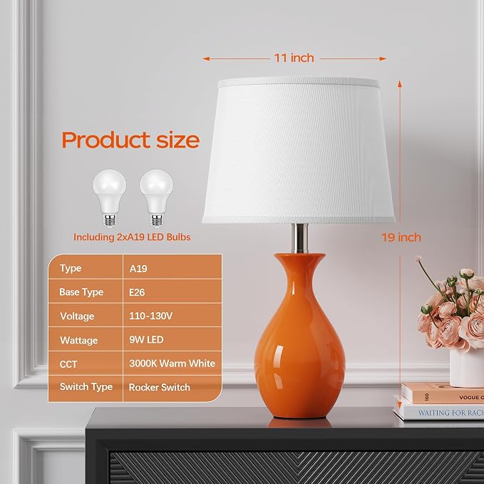 Table Lamp Set of 2, Modern Ceramic Bedside Lamps for Night Stands, Classic Small Lamp Nightstand Lamp for Bedroom Living Room Desk End Table Rocker Swtich Orange