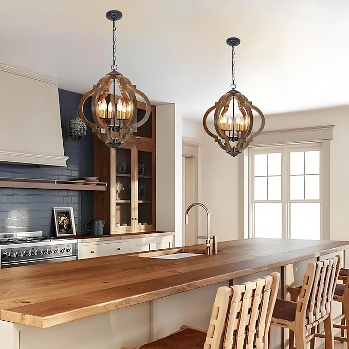 6-Light Farmhouse Chandelier, Rustic Wood Dining Room Light Fixture with Dark Brown Wood & Gold Metal, Easy to Install for Kitchen, Entryway, Bedroom, Living Room