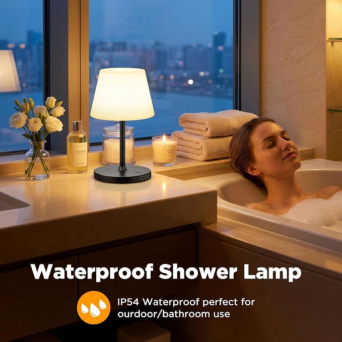 LUTEC Shower Lamp Waterproof, 6000mAh Rechargeable Cordless Table Lamp with 3 Color Temps and Stepless Dimming, Touch Control & Portable LED Nightlight for Bathroom, Desk, Outdoor(Black)