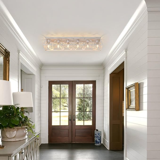 Garwarm 45 Inch 6-Light Rectangular Chandelier, Flush Mount Ceiling Light | Modern Dining Room Light Fixture, Kitchen Ceiling Light for Long Dining Tables, Kitchen Islands, Living Rooms Large Spaces