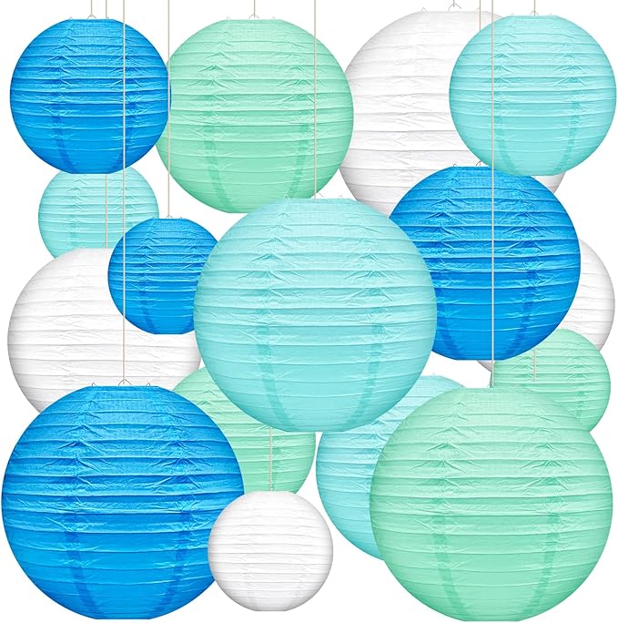 16 Pcs Paper Lanterns Hanging Round Blue Paper Lantern Decorative 6" 8” 10”12" Four Colors Chinese Lanterns for Birthday Wedding Party Decoration Baby Showers Valentine Indoor Outdoor