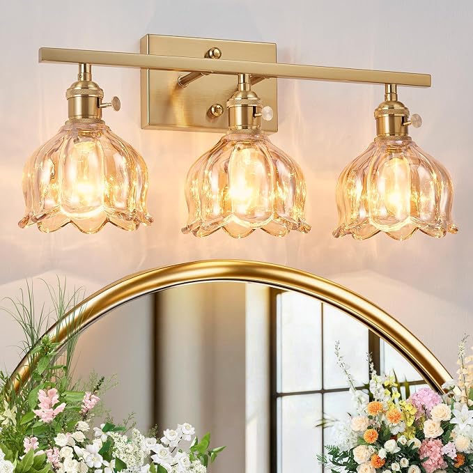 3-Light Amber Tulip Glass Vanity Light, Brushed Gold Vintage Bathroom Wall Sconce, 19.4" Antique Brass Hardwired Wall Lamp for Mirror, Powder Room, Bedroom (Individual Switches, Bulbs Not Included)