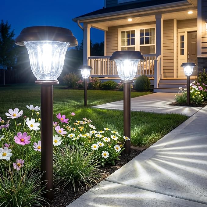 DERAYSION Solar Lights Outdoor, 6 Pack Brushed Stainless Steel Glass Solar Pathway Lights, Auto On/Off Long-Lasting Outdoor Solar Lights for Garden, Landscape, Path, Yard, 6000K Cold White | Stainless Steel Waterproof Garden Lights Auto On/Off Long-Las...