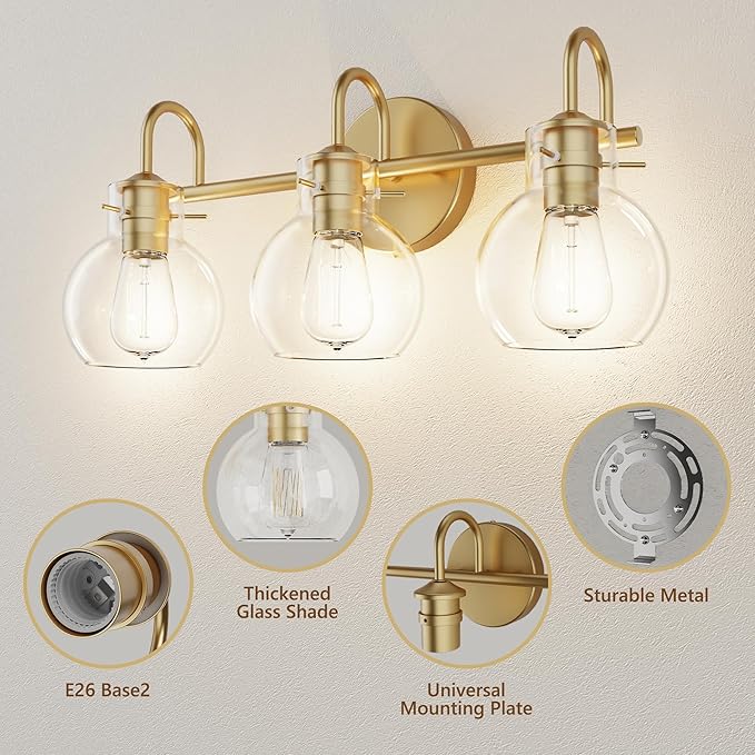 Gold Vanity Light, 3 Light Bathroom Light Fixtures, Modern Bathroom Vanity Lights Fixtures Over Mirror with Clear Globe Glass Shade, Gold Wall Sconces for Bathroom Hallway, E26 Base