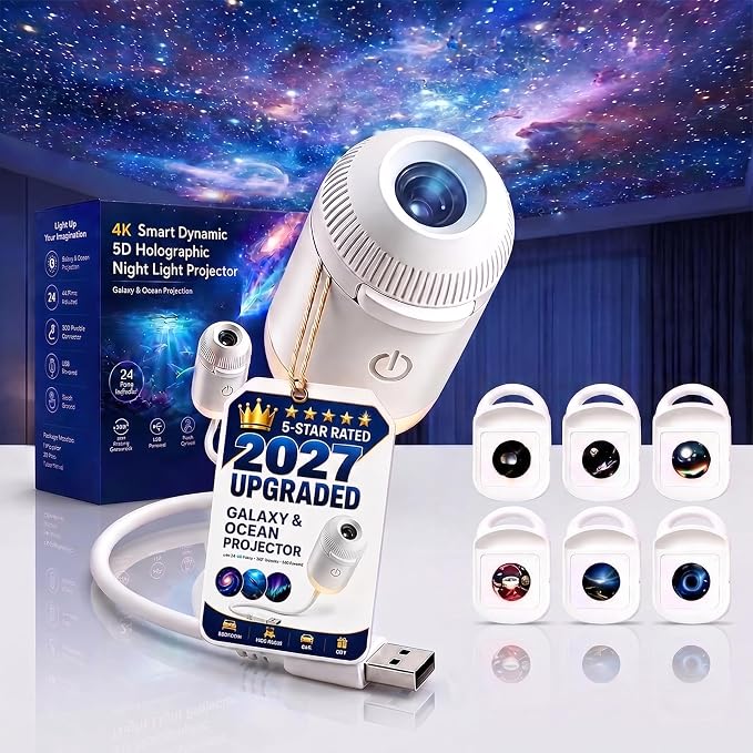 2027 Upgraded Hd Smart Dynamic 5d Holographic Night Light Projector, Plug and Play Hd Star Projector, 360° Adjustable Hd Galaxy and Ocean Projector for Bedroom Ceiling (3 Projection Films)