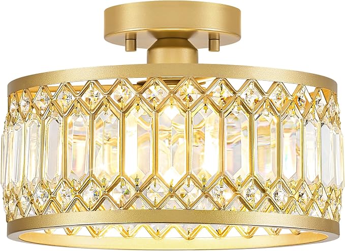 Pevfah Crystal Gold Ceiling Light, 1-Light Semi Flush Light Fixture, 11 in | Flush Mount Hallway Chandelier, Small Light Fixture Ceiling Mount, Modern Ceiling Lamp for Entryway Closet, Bulb Not Included