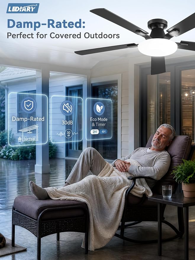 LEDIARY 52 Inch Flush Mount Ceiling Fans with Lights, Remote & APP Control | Bright Light, 3CCT, Memory Function, Timer, Reversible Blade, Quiet DC Motor, Damp-Rated, Living Room, Bedroom, Covered Patio