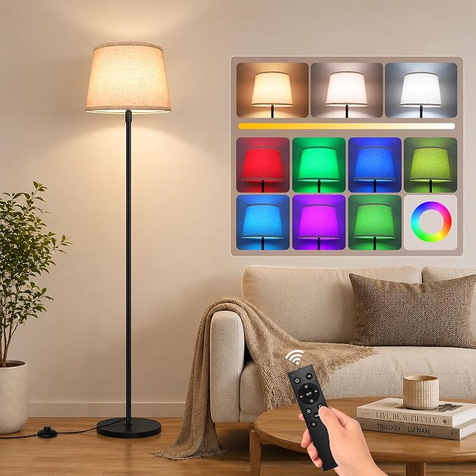 Ascher 2000LM Super Bright Floor Lamp, 18W LED Standing Lamp with 3000K-6000K & 7 RGB Colors, Remote & Foot Control, Dimmable Tall Lamp for Living Room Bedroom Office (Beige Flaxen Shade)